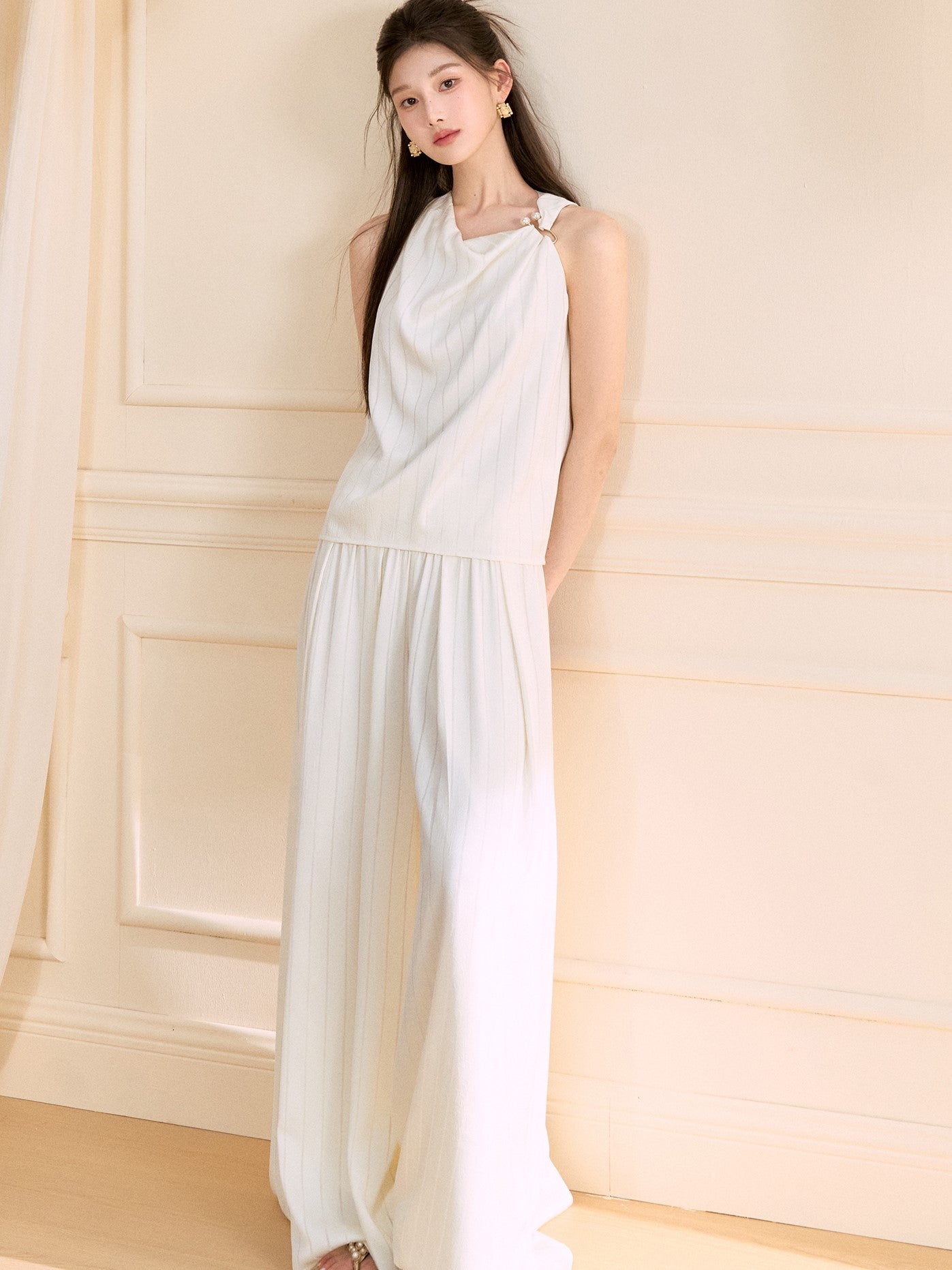 Asymmetrical Shirt/Wide-leg Pants OSH0128