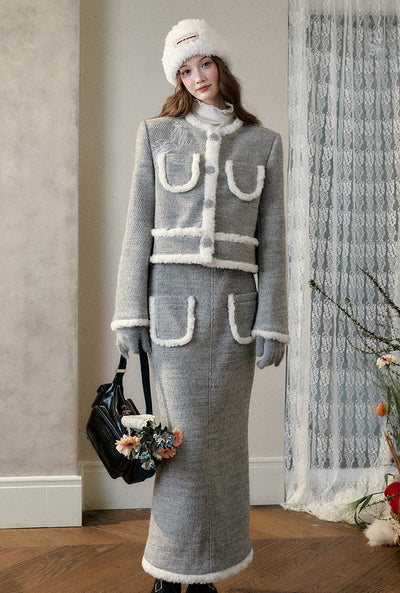 Natural Wool Gray Velvet Tweed Embroidered Jacket/Long Skirt GRO0087