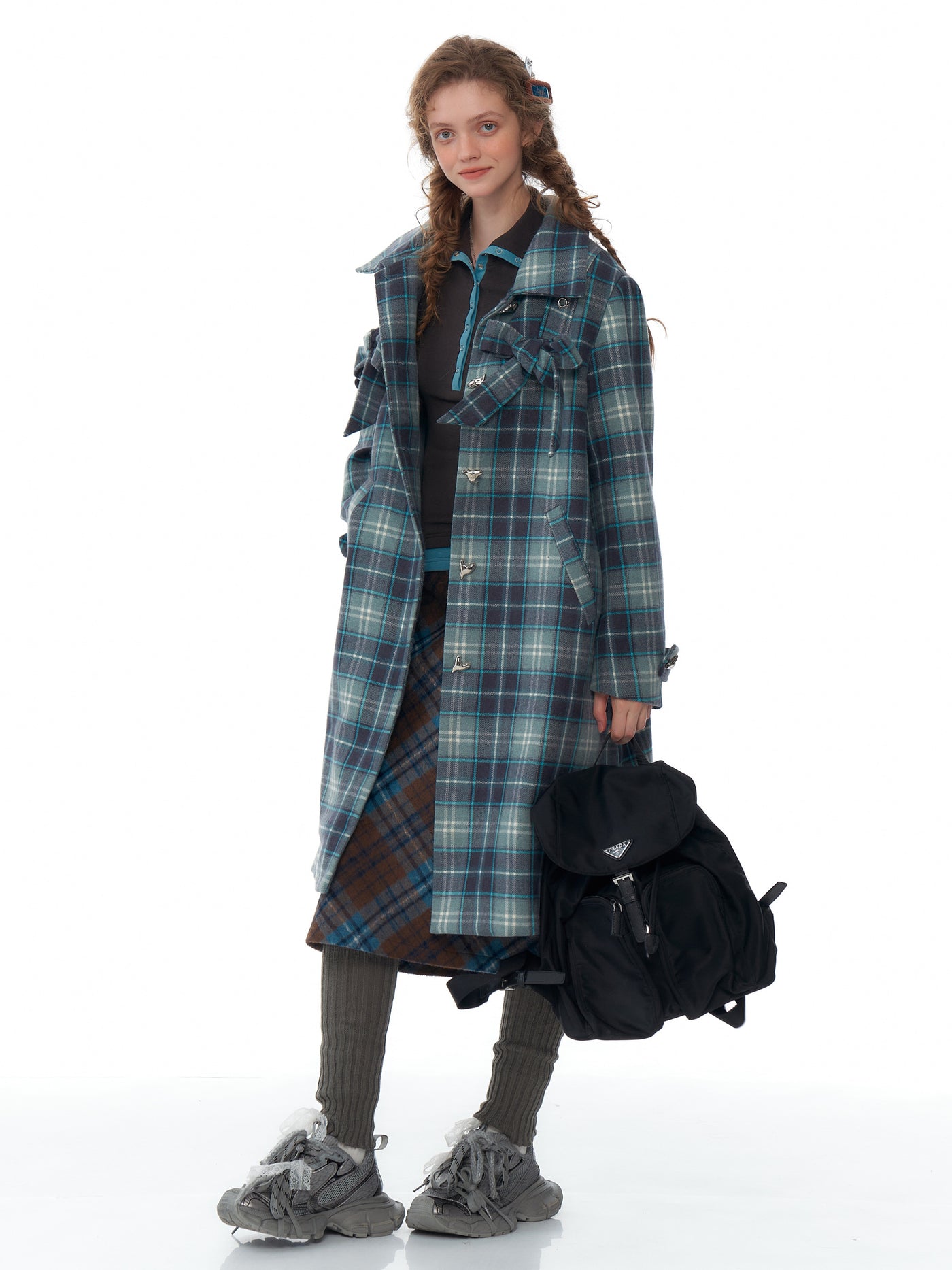 Retro High-end Mid-length Bow Blue Plaid Tweed Coat ZIZ0199