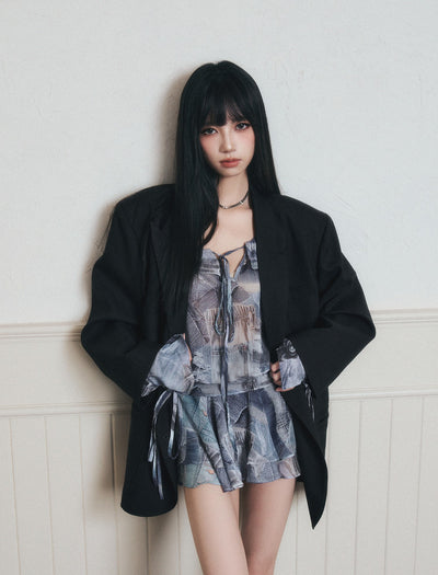 Ruffle Denim Full Print Chiffon Shirt Dress LUL0175