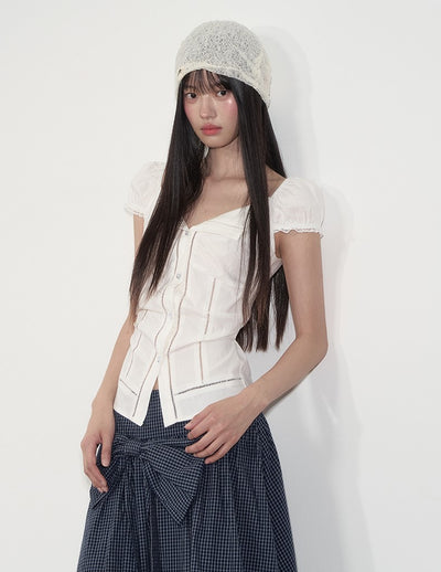 Lapel Lace Puff Sleeve Shirt SOO0001