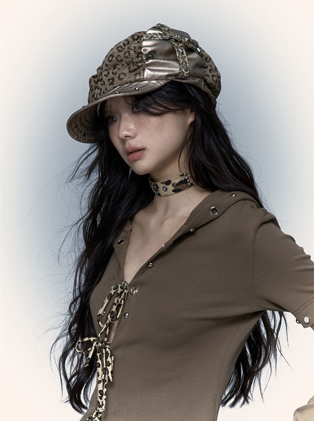 Punk Leopard Print Stitching Rivet Beret NOR0073