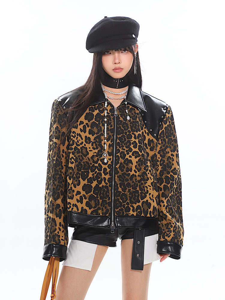 Wild Leopard Design Leather Lapel Zipper Jacket UNC0189