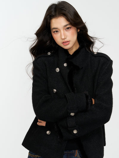 Black Furry High-Neck Short Jacket/Scarf 4MU0165
