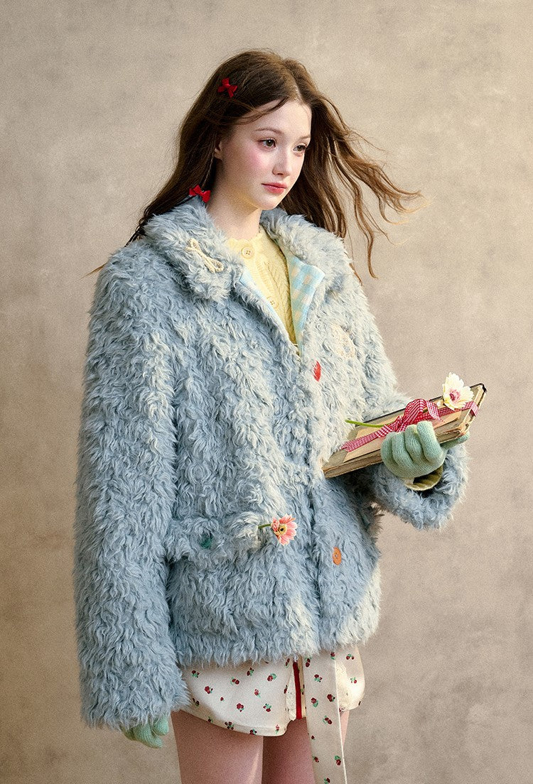 Cream Strawberry/Gray Blue Warm Curly Fur Coat GRO0093