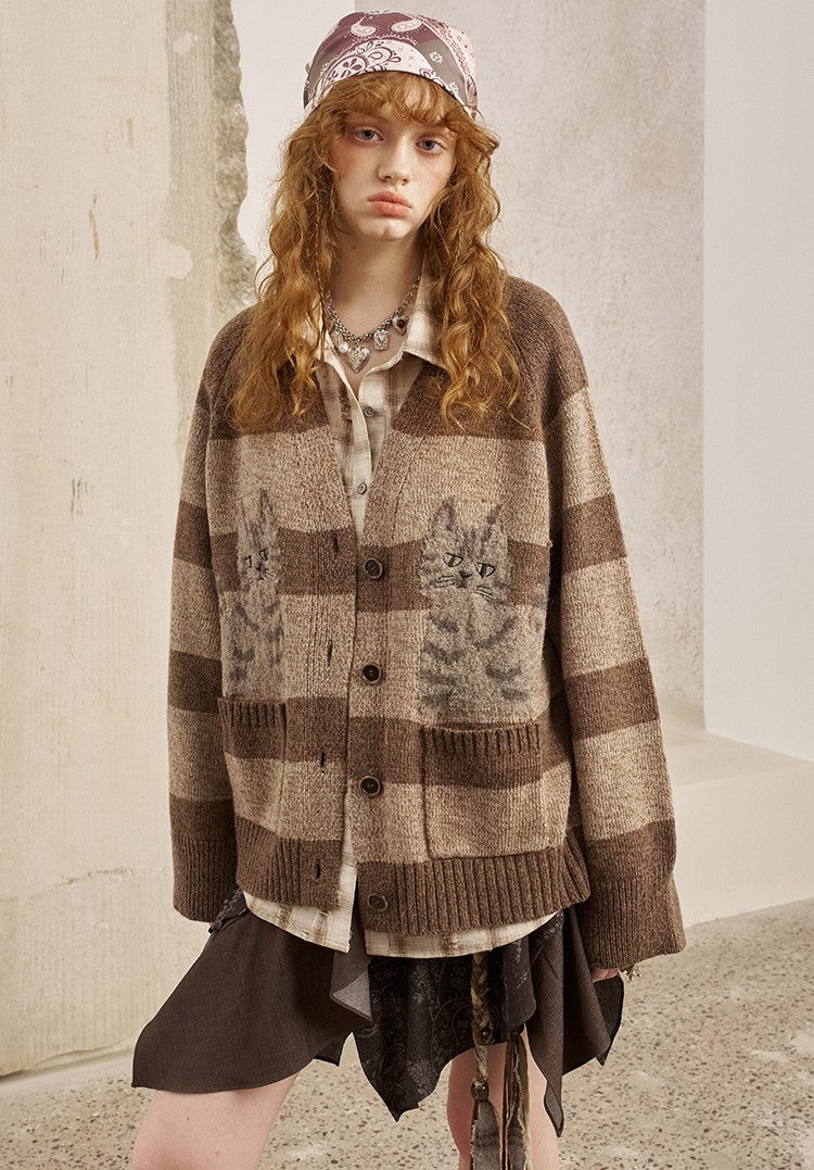 Symmetrical Kitten Striped Knitted Cardigan DID0228