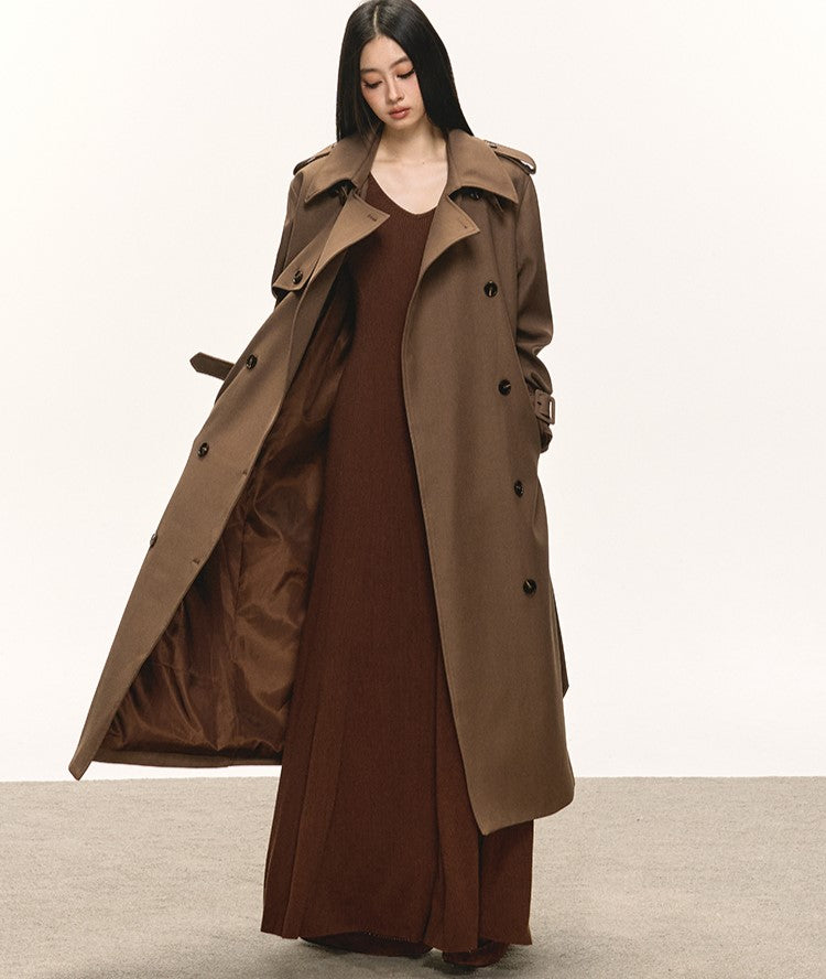 Brown Double-Breasted Long Trench Coat ANA0084