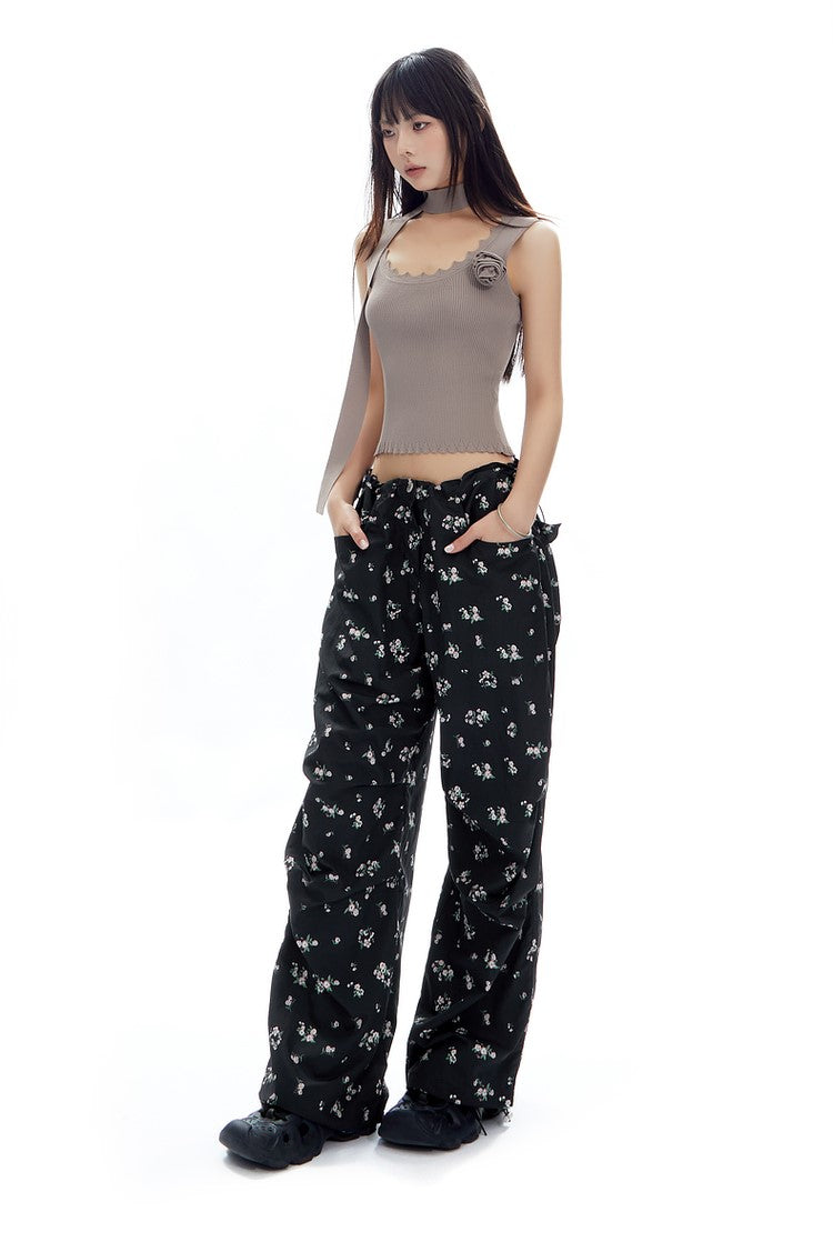 Floral Drawstring Loose Straight Versatile Wide-leg Pants APE0314