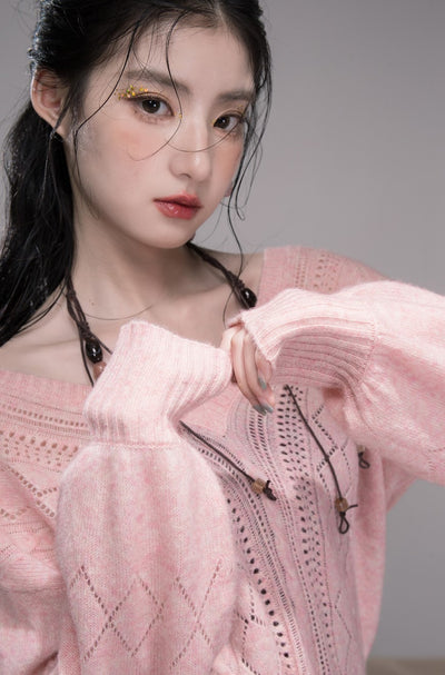 Pink Hollow V-neck Knit+Halter Neck Top COT0345