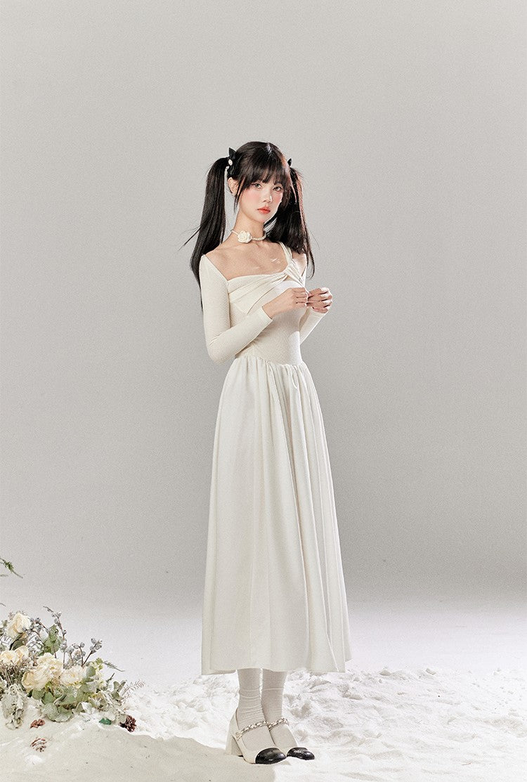 French White Hollow Design Knitted Long Dress TBI0048