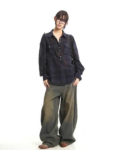 Retro Navy Plaid Long Sleeve Shirt UNC0275