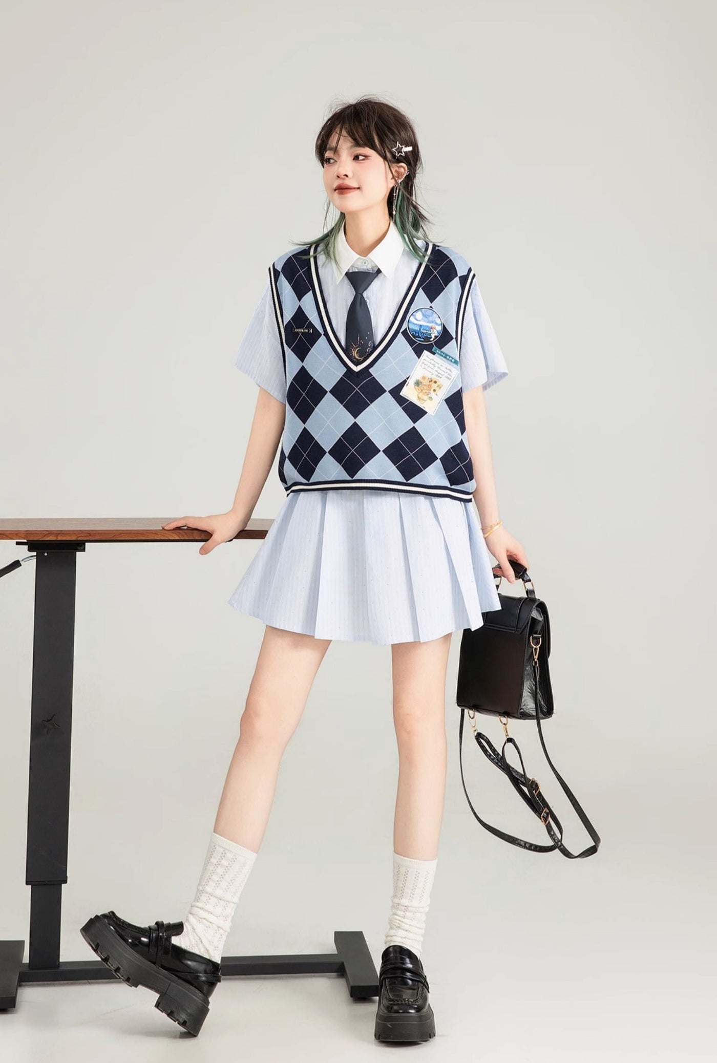 Blue Striped Short-sleeved Pleated Shirt Dress KEI0126