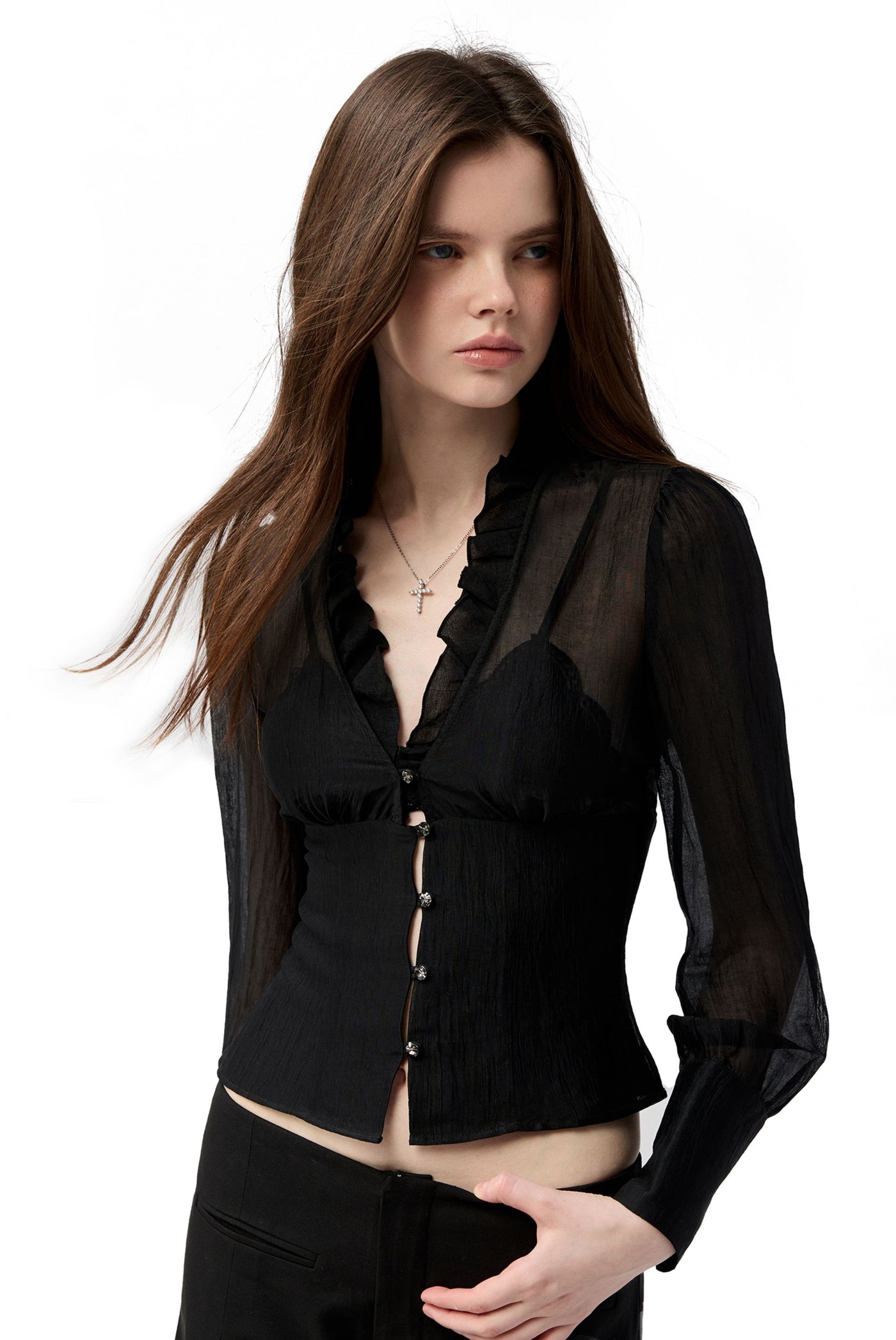 Ruffled V-neck Shirt/Lace-up Vest 4MU0150