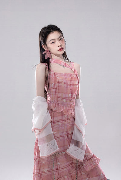 Check Butterfly Print Dress COT0260