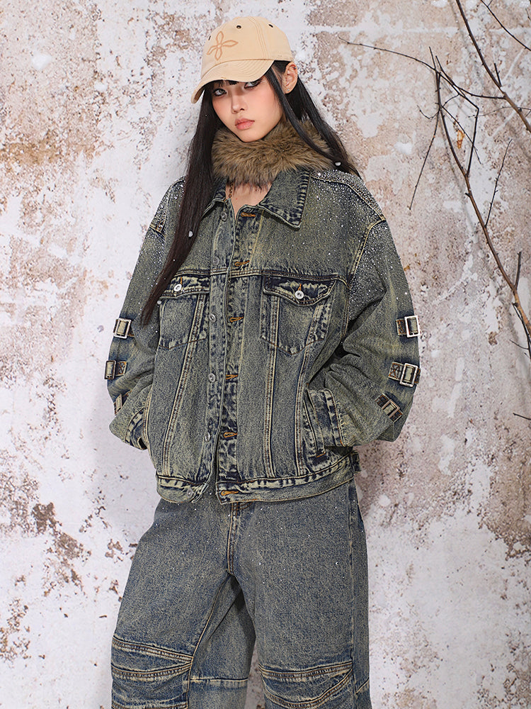 Diamond Washed Old Design Denim Jacket/Wide-leg Pants UNC0170