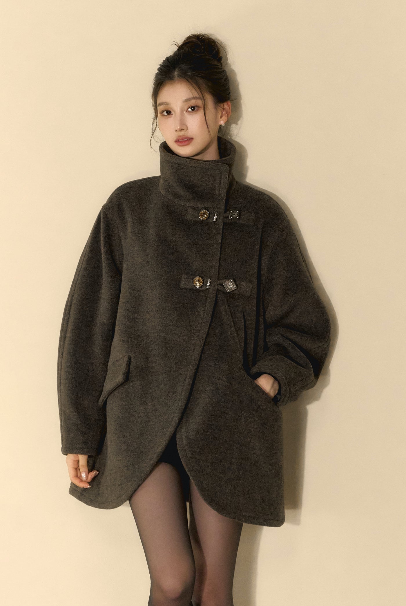 Rock Gray Tweed High Collar Tweed Coat OSH0100