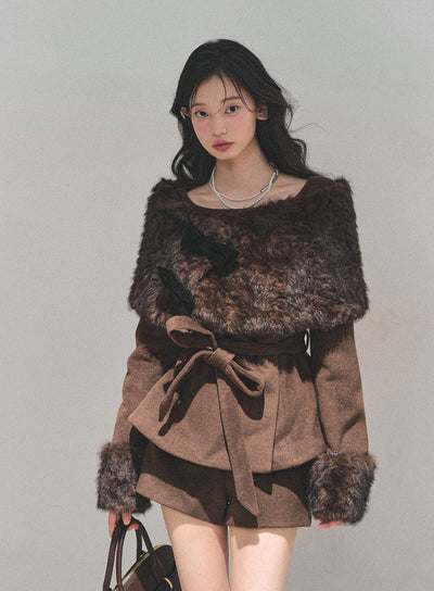 Detachable Cuffs Quilted Jacket/Ribbon Shawl/Shorts DIA0729