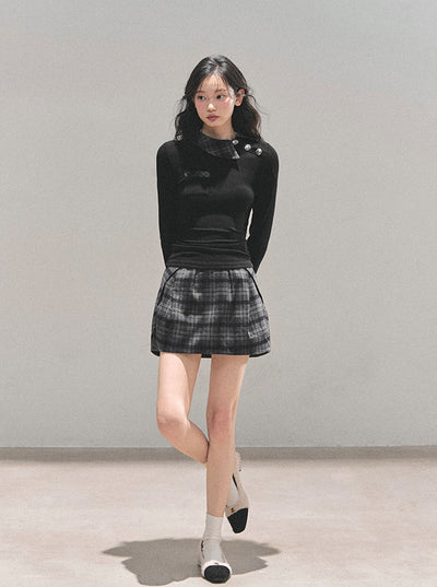 Black Plaid Collar Top/Plaid Short Skirt DIA0757