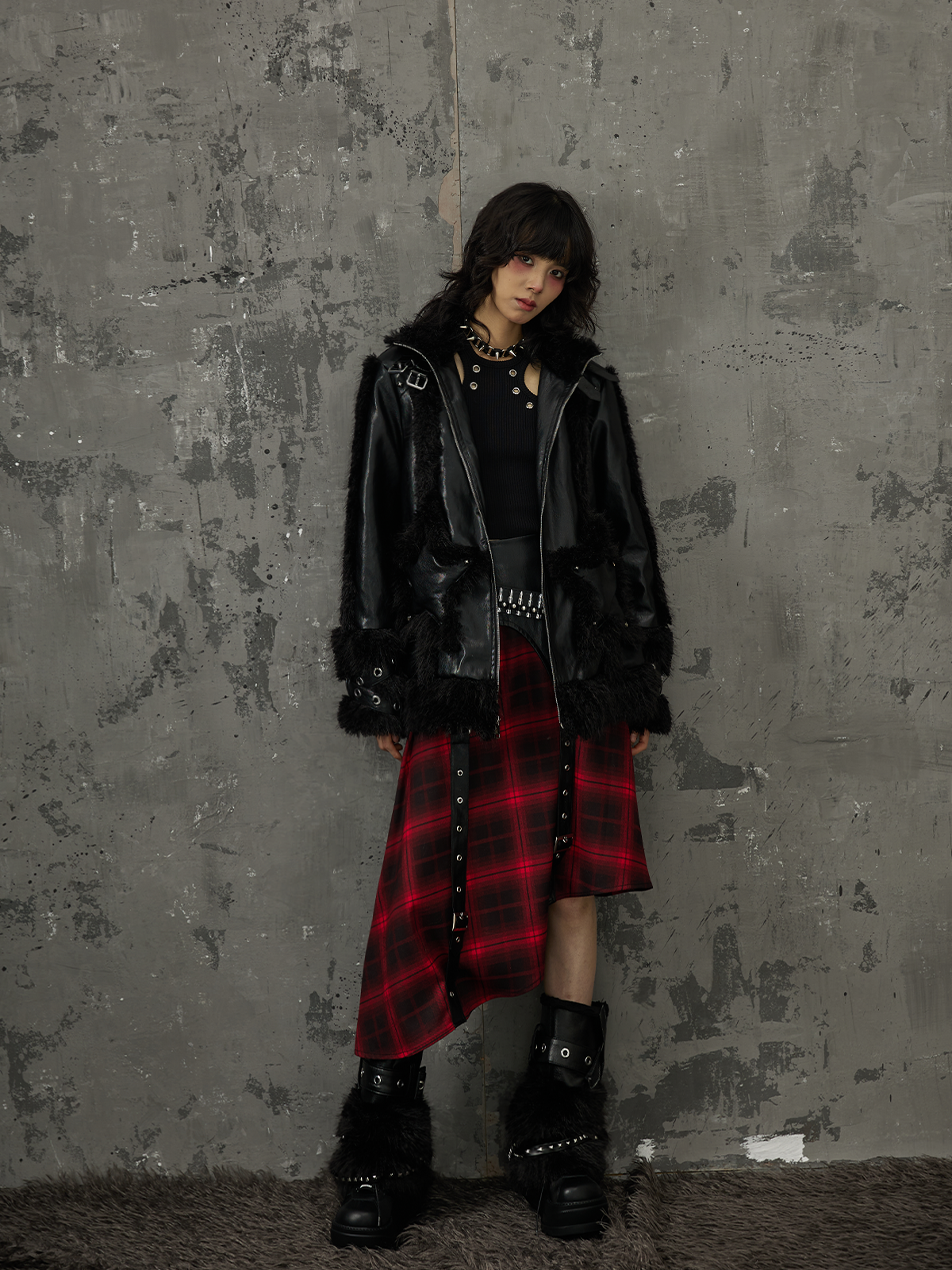 Punk Star Pocket Fur Patchwork Coat FRU0046