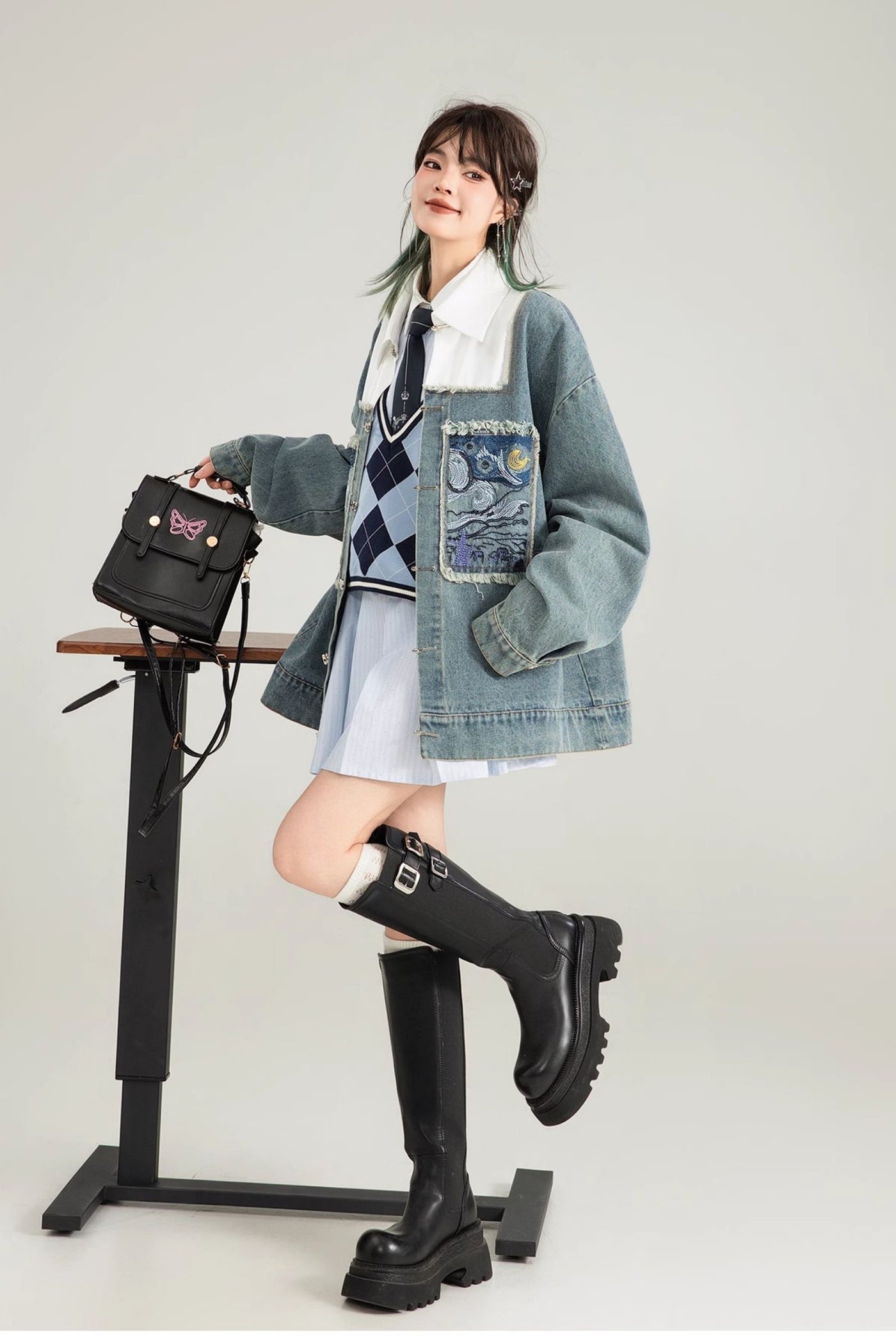 Literary Style Embroidered Denim Casual Jacket/Black Long Skirt KEI0122