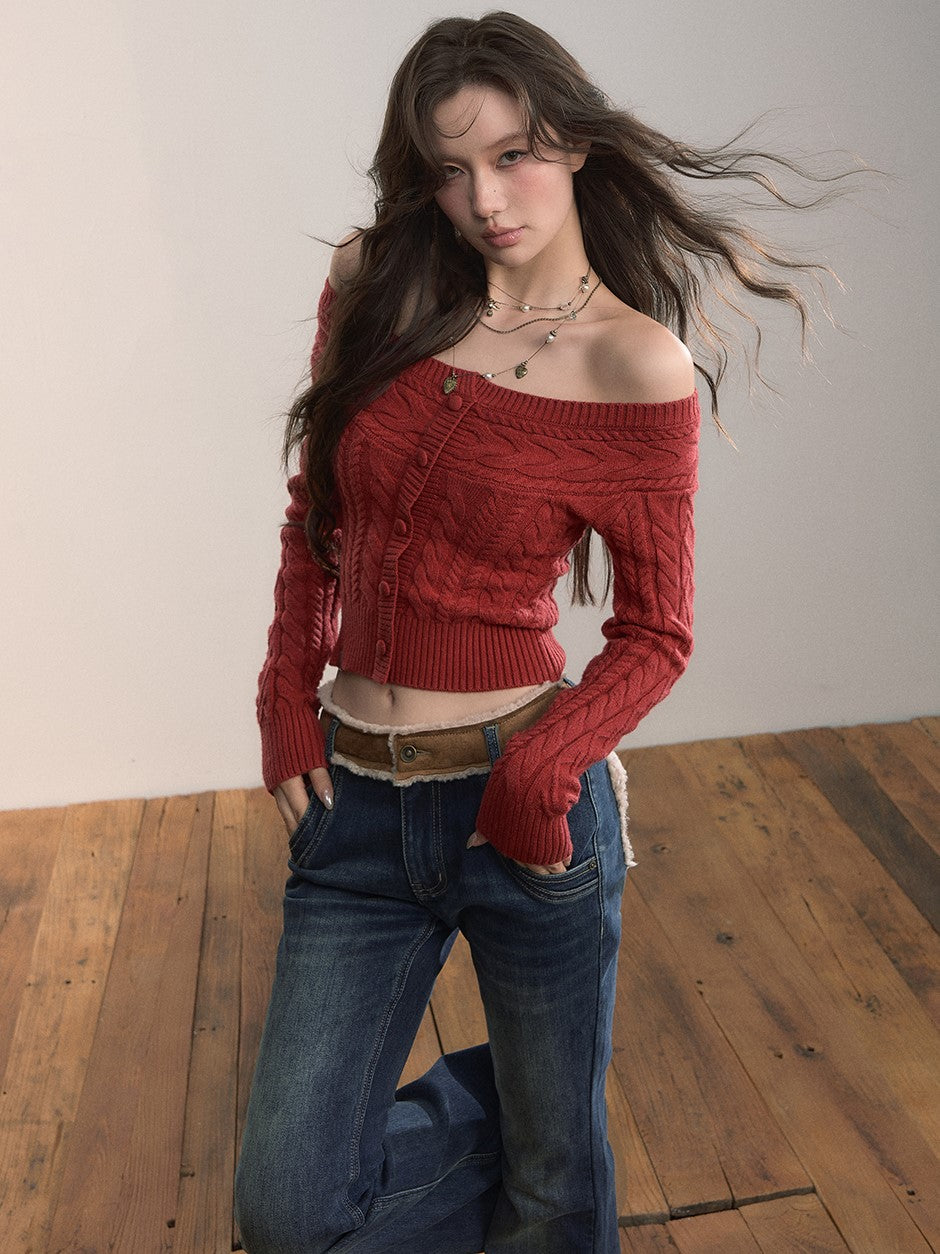 Off-shoulder Round Neck Short Cable Sweater VIA0372