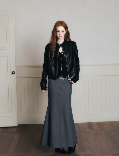 Stand Collar Black Leather Jacket LUL0173