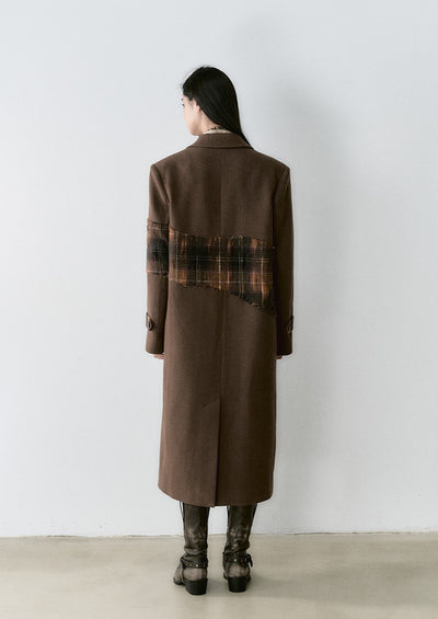 Plaid Stitching Design High-end Wool Long Coat VIA0163