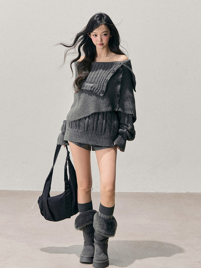 Gray Off-Shoulder Loose Sweater DIA0723