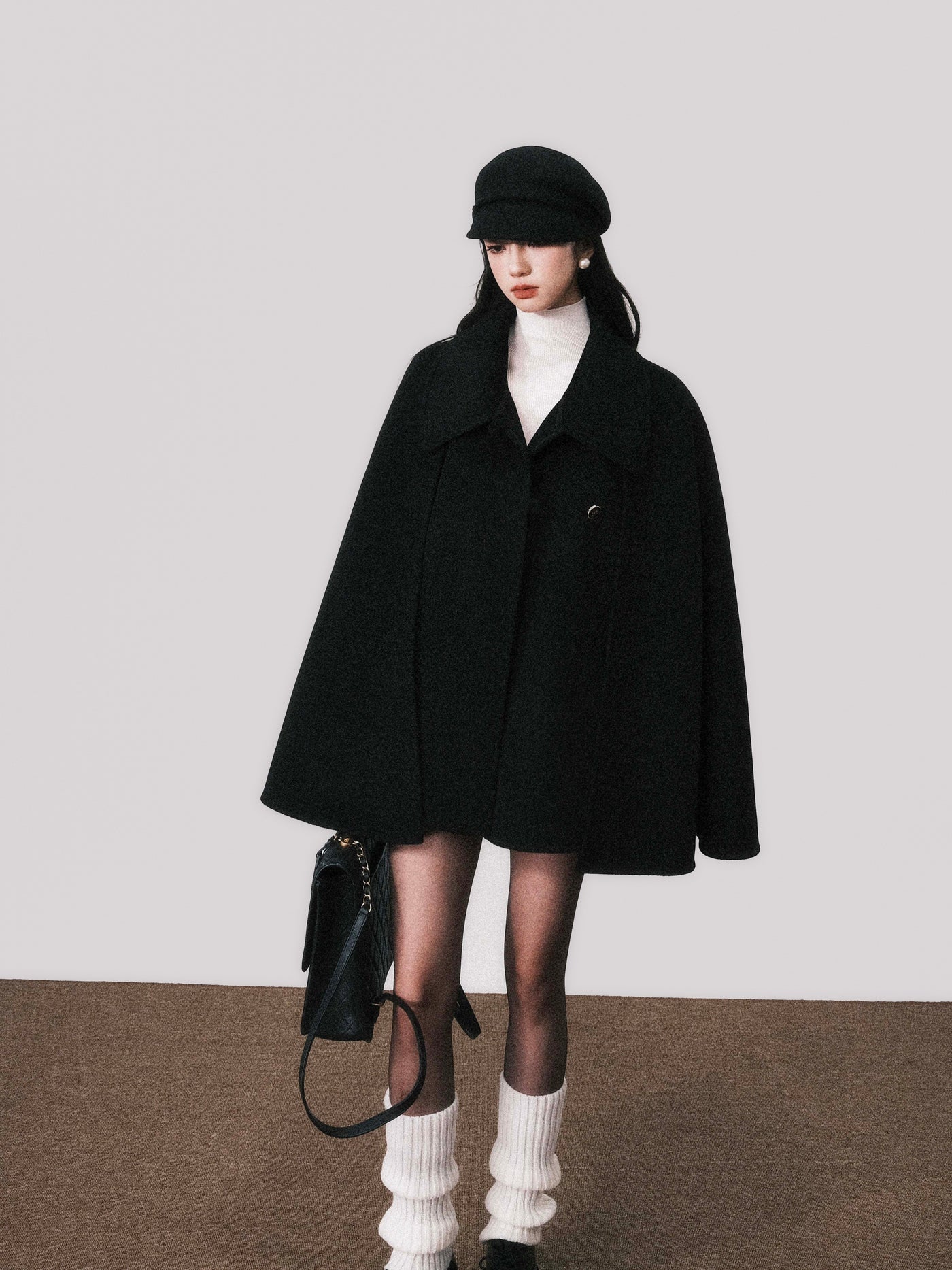 Double-sided Wool Black Wool Shawl Cape Coat LUL0109