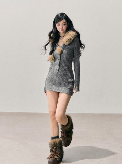 Detachable Fur Collar Sweater Dress DIA0707