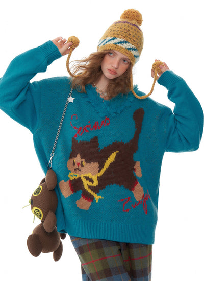 American Retro Design V-neck Lazy Style Loose Cat Sweater ZIZ0191