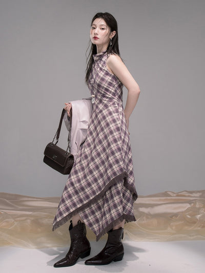 Purple Checkered Pattern Dress COT0347