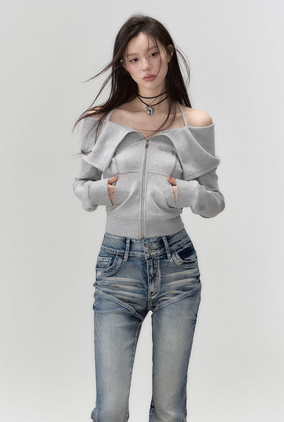Lapel Sweatshirt Half Skirt/Off-sholder Top VIA0039