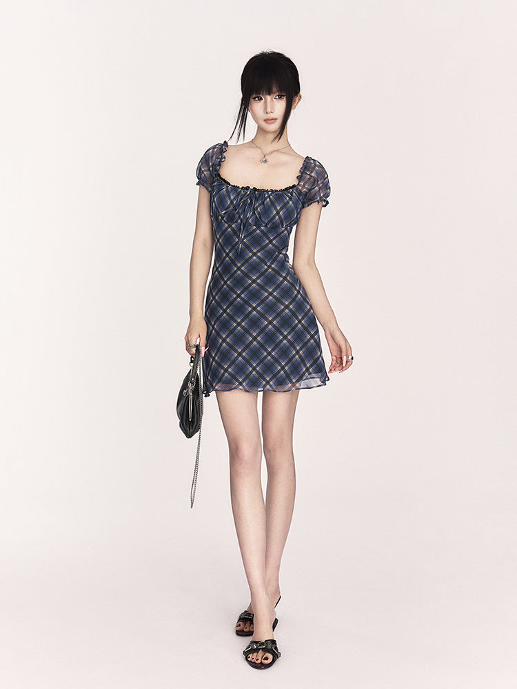 Plaid Puff Sleeve Slimming Dress VOC0402