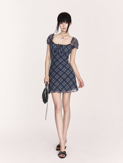 Plaid Puff Sleeve Slimming Dress VOC0402
