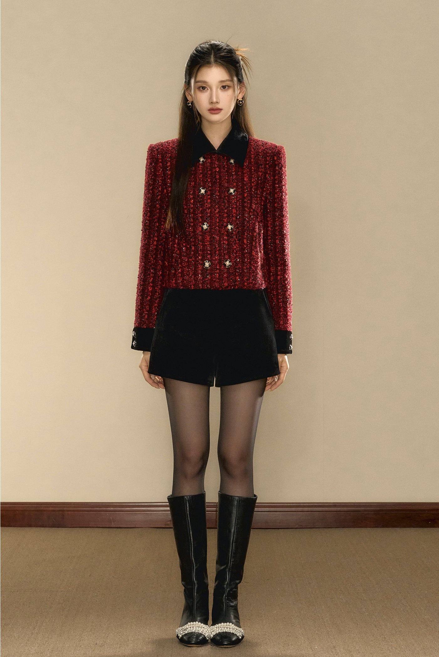 French Court Vintage Little Fragrance Double-breasted Wool Red Short Jacket OSH0097