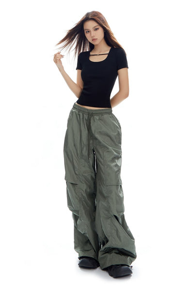 Loose Pleated Glossy Workwear Wide-leg Pants APE0316