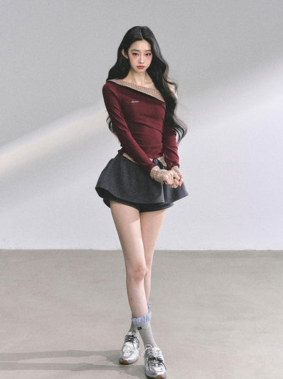 Fake Two-Piece Off-Shoulder Plaid T-Shirt DIA0575