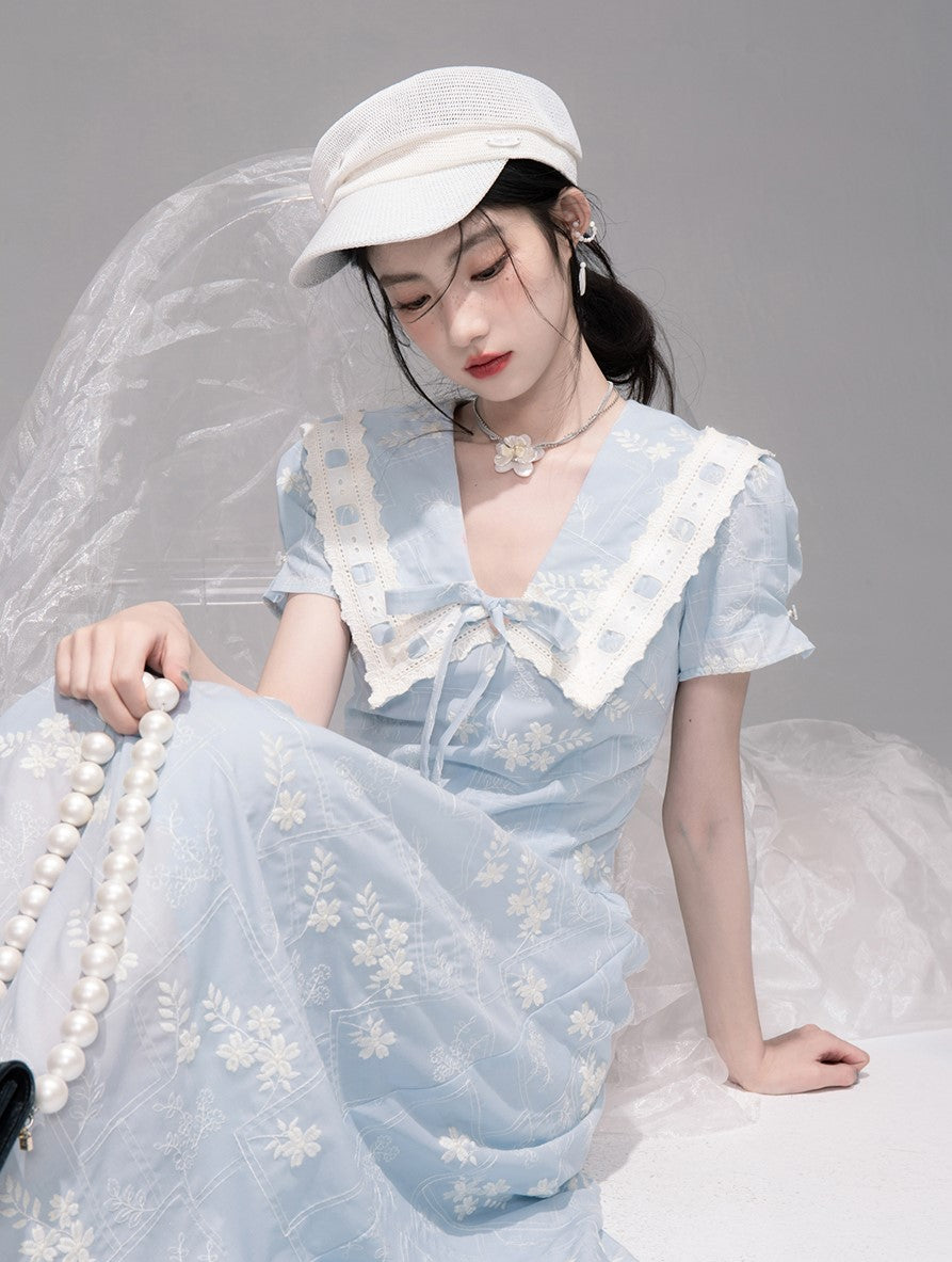 Blue Lace Collar Short Sleeve Dress COT0320