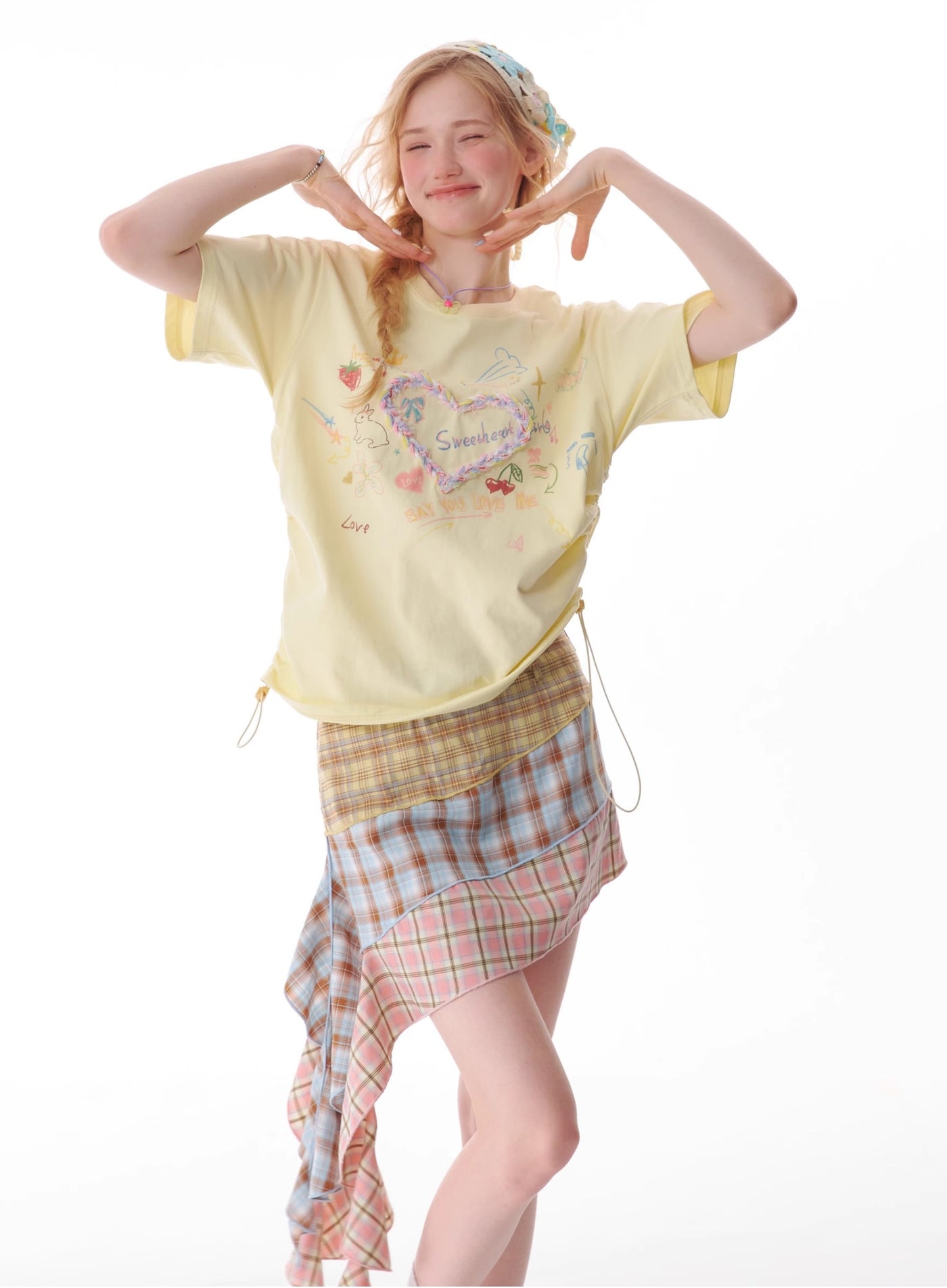 Drawstring Round Neck Three-dimensional Love Print Short-sleeved T-shirt ZIZ0116