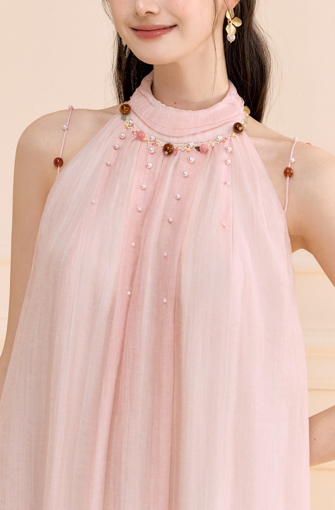 Halter Neck Beaded A-line Long Dress OSH0171