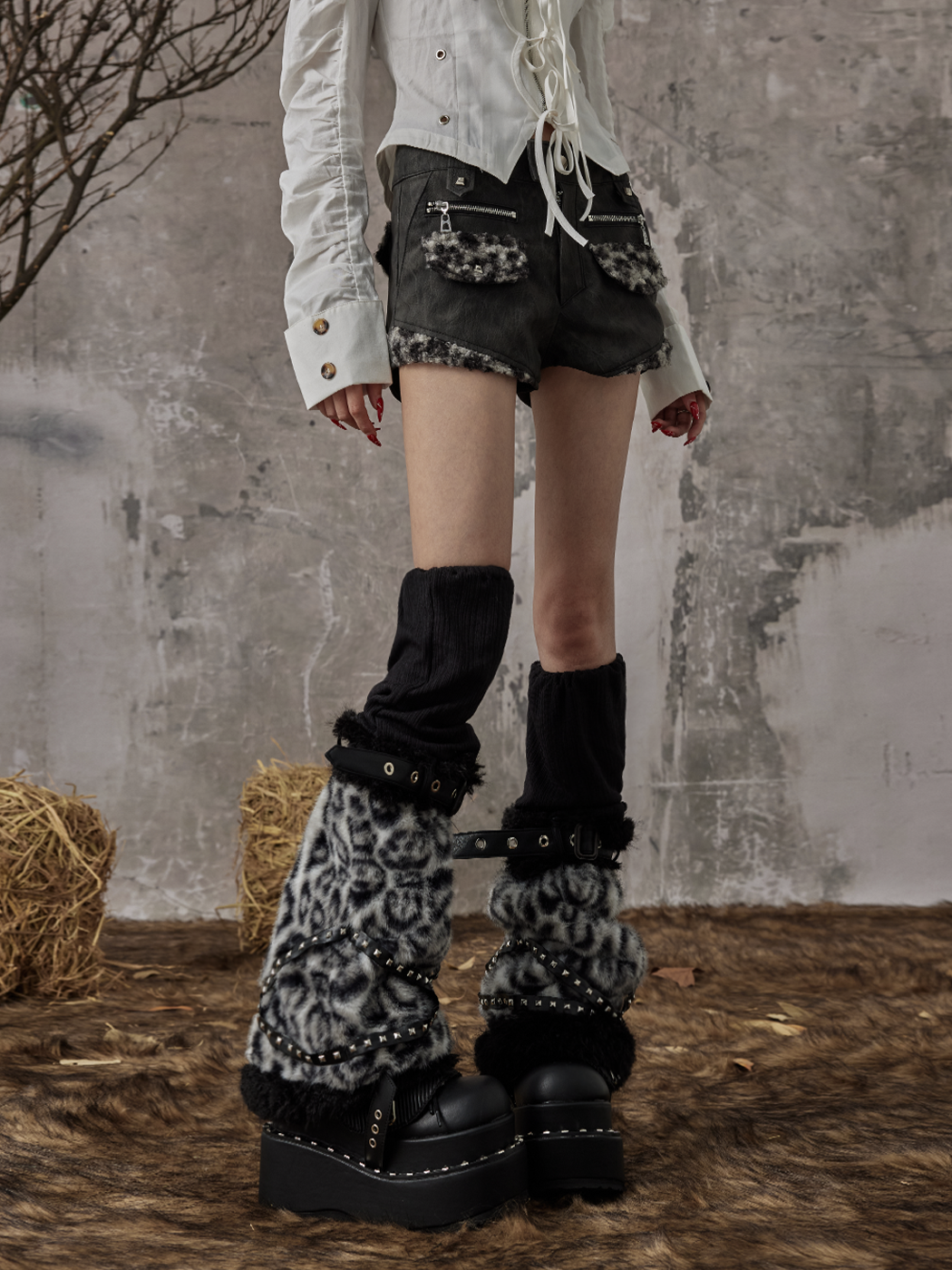 Punk Splicing Leopard Print Rivet Furry Leg Socks FRU0069