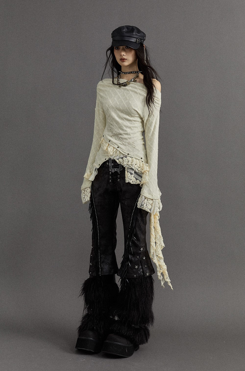 Retro Lazy Embroidery Oblique Shoulder Ruffles Slim Long-sleeved Sweater NOR0123