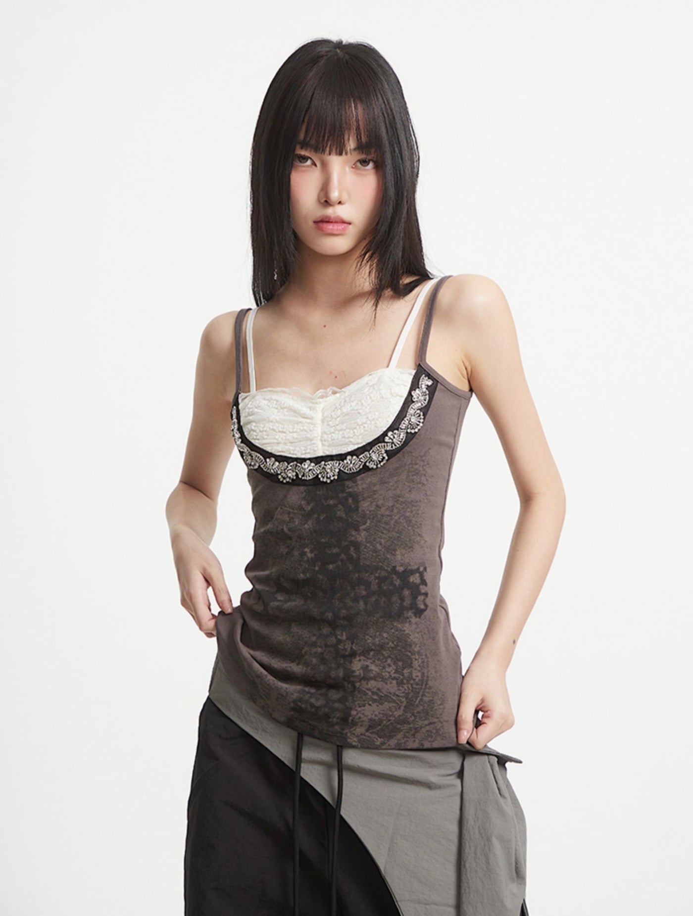 Fake Two-Piece Lace Cross Camisole UNC0250