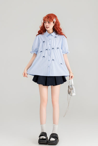 Blue Striped Puff Short-sleeved Shirt/Skirt KEI0090