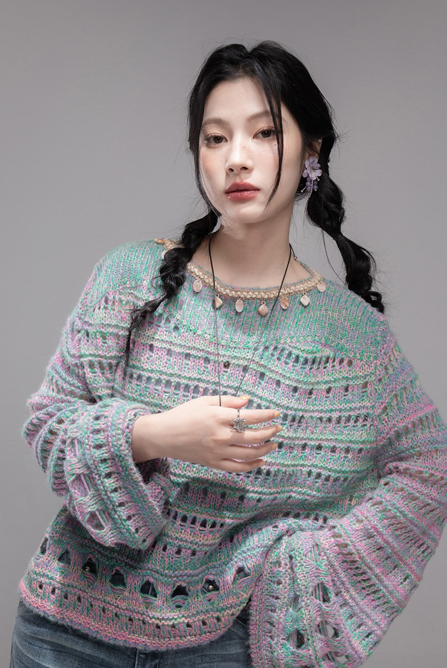 Cherry Pink Shell Chain Hollow Sweater COT0358