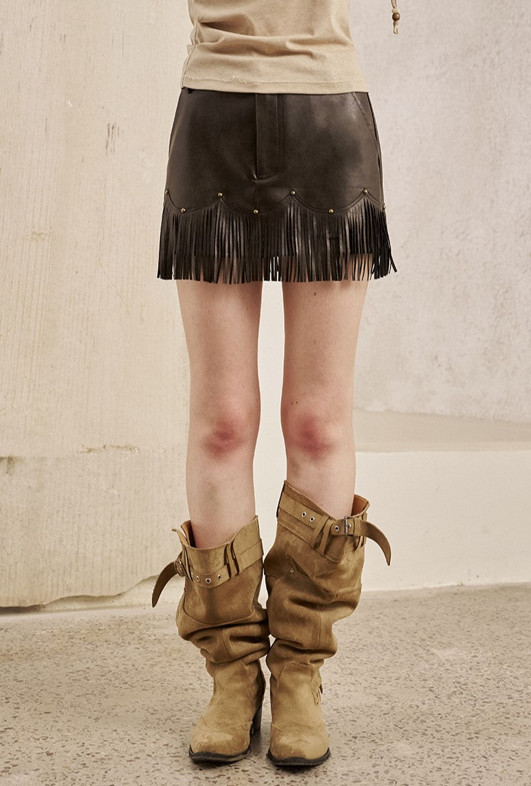 Tassel Leather Black Skirt DID0238
