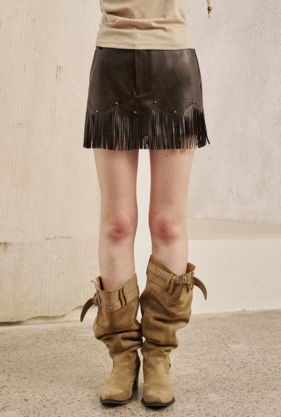 Tassel Leather Black Skirt DID0238