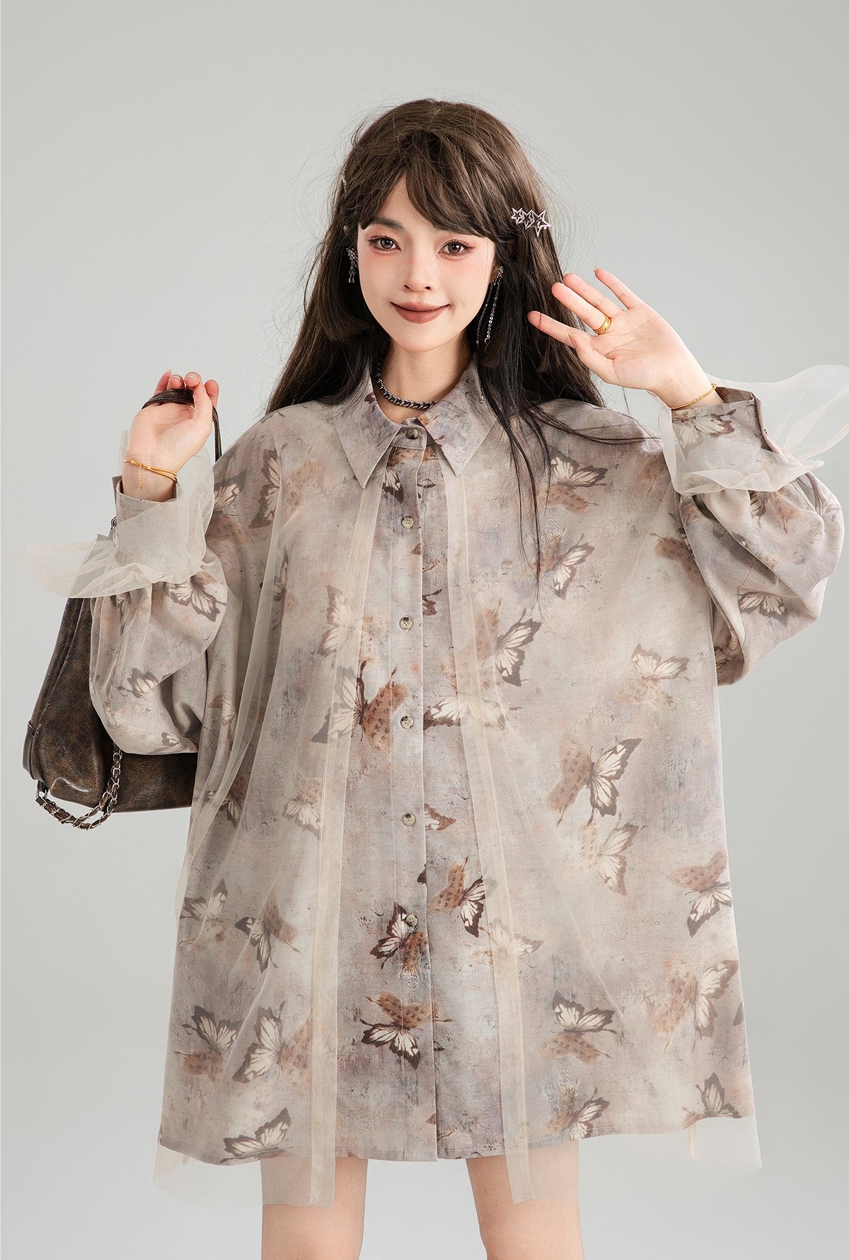 Blended Butterfly Flower Long Sleeve Shirt KEI0164