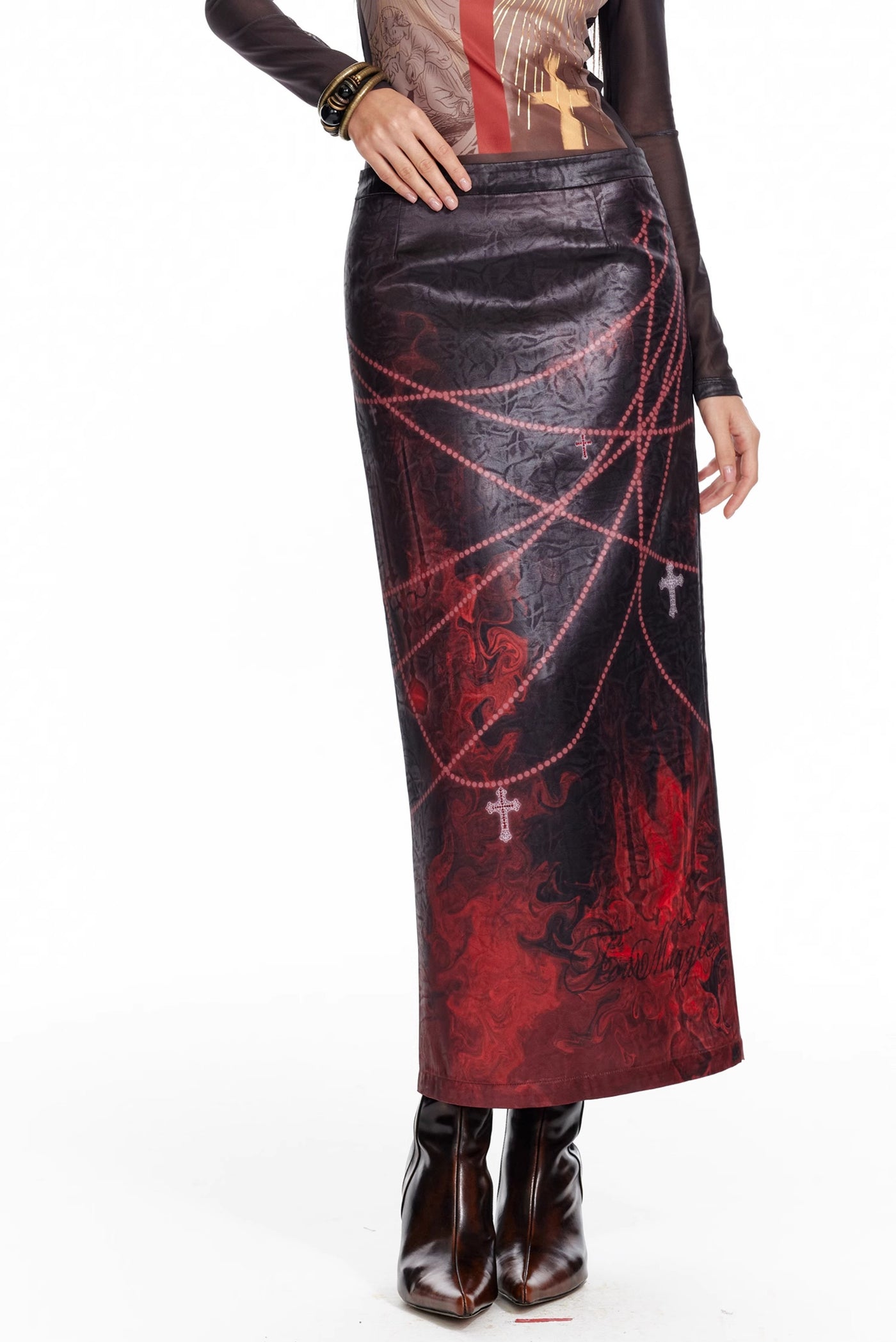 Flame Oil Painting Print Medium-length Straight Skirt 4MU0087